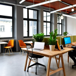 **Modern Co-working Space in Istanbul:** A vibrant, open co-working space in the Maslak district of Istanbul. Feature diverse people working on laptops, collaborating, and networking. Include elements reflecting Turkish design and culture. The space should have modern furniture, ergonomic chairs, plenty of natural light, and plants. Capture the dynamic atmosphere of a collaborative workspace.