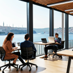 **

*   **Prompt:** Bright, modern coworking space in Istanbul. Focus on comfortable ergonomic chairs, fast Wi-Fi symbols, and a diverse group of people working on laptops. Add a background view of the Bosphorus. The image should evoke productivity and collaboration in Turkey's vibrant business environment.

**