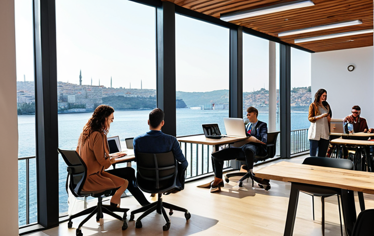 **
* **Prompt:** Bright, modern coworking space in Istanbul. Focus on comfortable ergonomic chairs, fast Wi-Fi symbols, and a diverse group of people working on laptops. Add a background view of the Bosphorus. The image should evoke productivity and collaboration in Turkey's vibrant business environment.
**