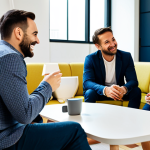 A diverse group of professionals in a modern, brightly lit coworking space, enjoying a casual coffee break in a lounge area. They are engaged in lively conversation, smiling and interacting naturally. Subjects are fully clothed in professional dress and modest attire. The environment is inviting, with comfortable seating and natural light. safe for work, appropriate content, perfect anatomy, correct proportions, natural pose, well-formed hands, proper finger count, natural body proportions, professional photography, high quality, family-friendly.