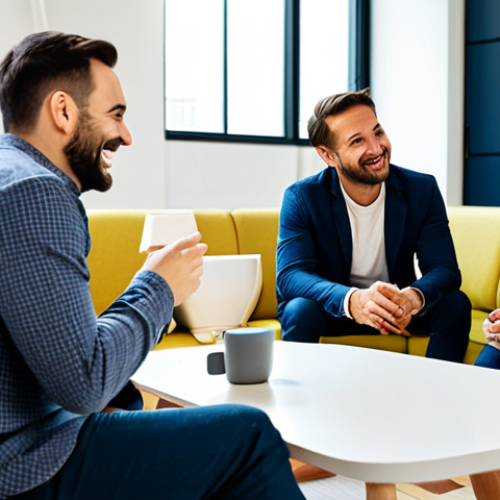 A diverse group of professionals in a modern, brightly lit coworking space, enjoying a casual coffee break in a lounge area. They are engaged in lively conversation, smiling and interacting naturally. Subjects are fully clothed in professional dress and modest attire. The environment is inviting, with comfortable seating and natural light. safe for work, appropriate content, perfect anatomy, correct proportions, natural pose, well-formed hands, proper finger count, natural body proportions, professional photography, high quality, family-friendly.
