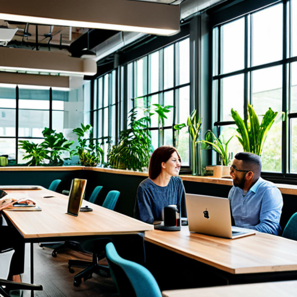 A group of professional individuals, fully clothed in modest business casual attire, working collaboratively and engaging in spontaneous interactions within a modern biophilic coworking space. The space features large, lush green plants, abundant natural light streaming through expansive windows, comfortable ergonomic chairs and adjustable desks, and soft, warm lighting. Thoughtfully chosen artworks adorn the walls, and a cozy coffee corner is visible in the background. The atmosphere is inviting and provides a sense of well-being, designed to feel like a home. safe for work, appropriate content, fully clothed, professional, perfect anatomy, correct proportions, natural pose, well-formed hands, proper finger count, natural body proportions.