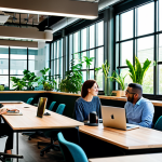 A group of professional individuals, fully clothed in modest business casual attire, working collaboratively and engaging in spontaneous interactions within a modern biophilic coworking space. The space features large, lush green plants, abundant natural light streaming through expansive windows, comfortable ergonomic chairs and adjustable desks, and soft, warm lighting. Thoughtfully chosen artworks adorn the walls, and a cozy coffee corner is visible in the background. The atmosphere is inviting and provides a sense of well-being, designed to feel like a home. safe for work, appropriate content, fully clothed, professional, perfect anatomy, correct proportions, natural pose, well-formed hands, proper finger count, natural body proportions.
