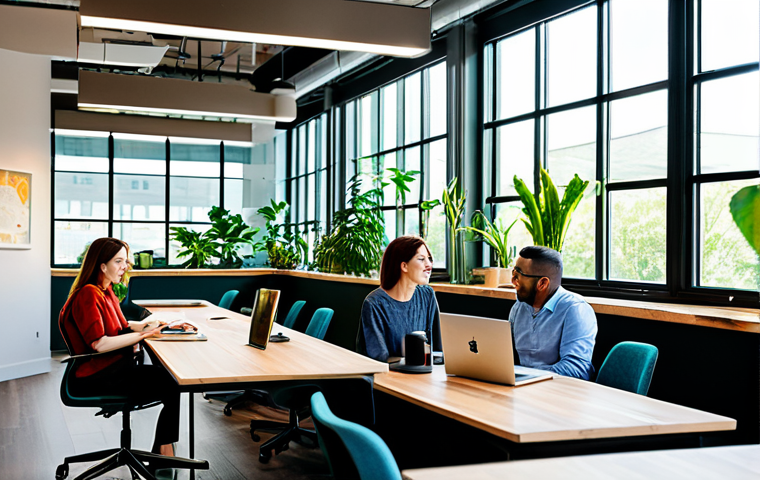 A group of professional individuals, fully clothed in modest business casual attire, working collaboratively and engaging in spontaneous interactions within a modern biophilic coworking space. The space features large, lush green plants, abundant natural light streaming through expansive windows, comfortable ergonomic chairs and adjustable desks, and soft, warm lighting. Thoughtfully chosen artworks adorn the walls, and a cozy coffee corner is visible in the background. The atmosphere is inviting and provides a sense of well-being, designed to feel like a home. safe for work, appropriate content, fully clothed, professional, perfect anatomy, correct proportions, natural pose, well-formed hands, proper finger count, natural body proportions.